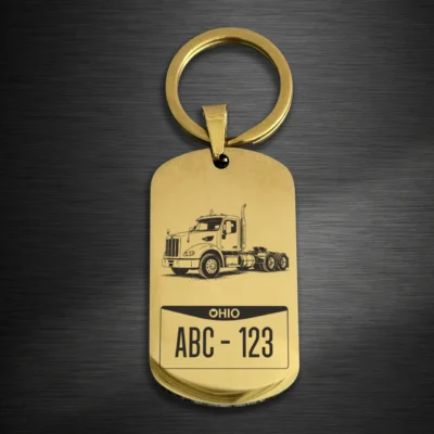 Personalized Semi Truck Keychain with Custom License Plate gold mirror finish