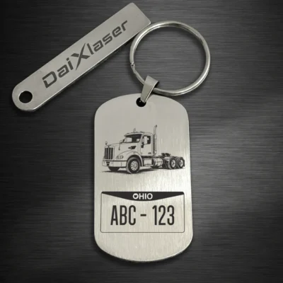 Personalized Semi Truck Keychain with Custom License Plate silver brush finish