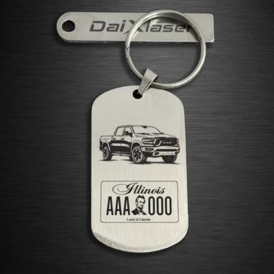 Ram Pickup License Plate Keychain – Custom Engraved Metal brush silver