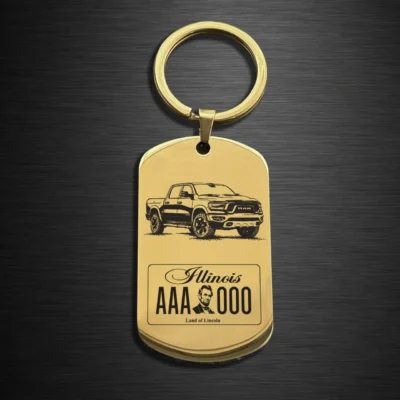 Ram Pickup License Plate Keychain – Custom Engraved Metal gold mirror